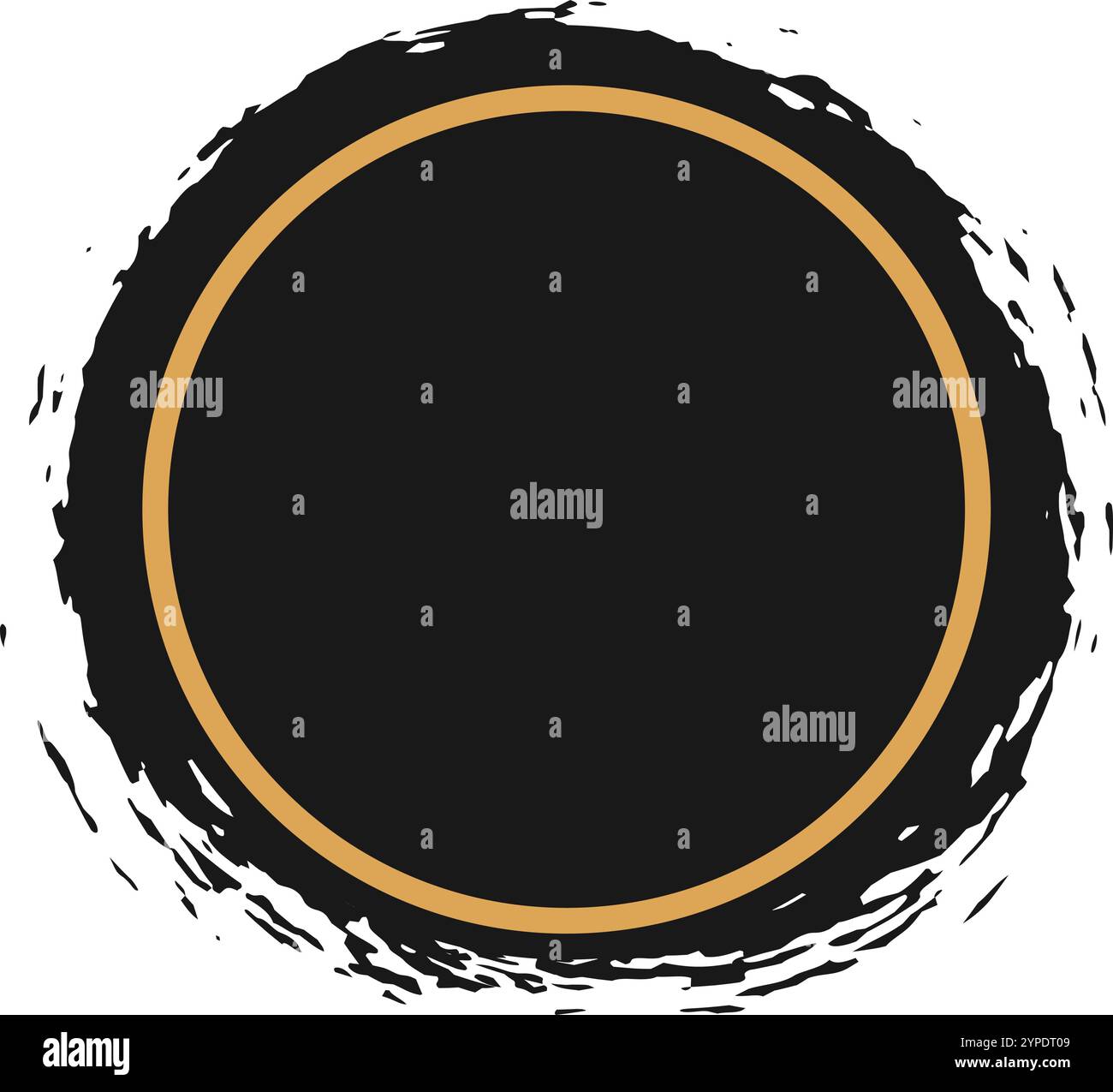Black circle with gold border surrounded by dynamic, textured brushstrokes, creating a bold and artistic design element on a clean white background Stock Vector