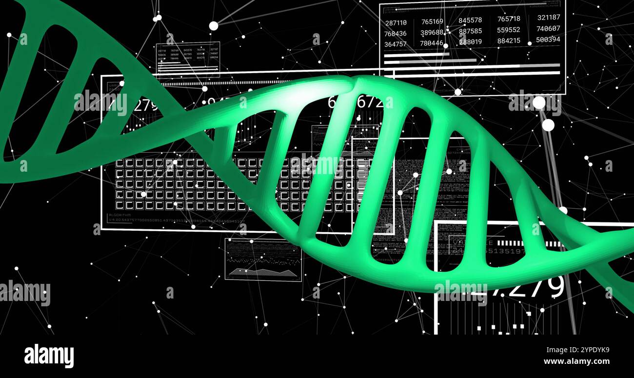 DNA strand image over scientific data and binary coding Stock Photo - Alamy