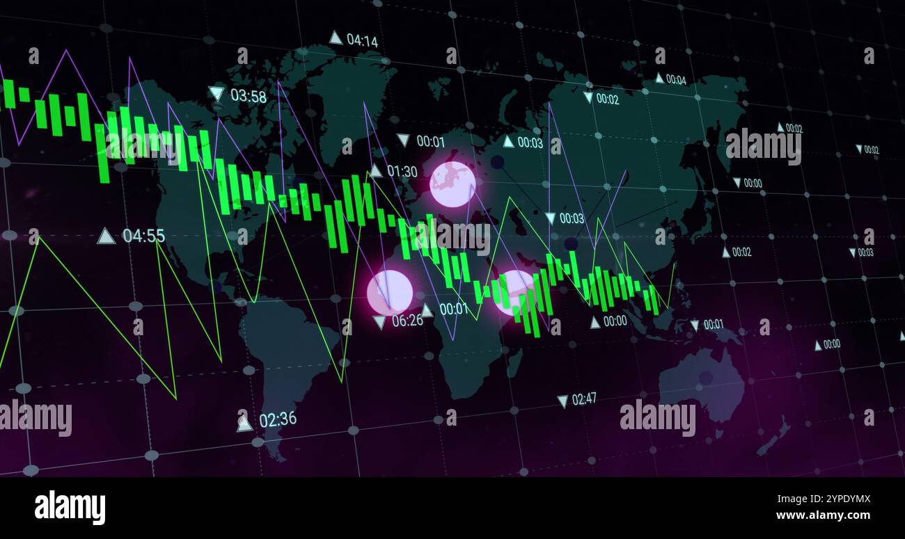 Financial data and stock market chart image over world map background Stock Photo