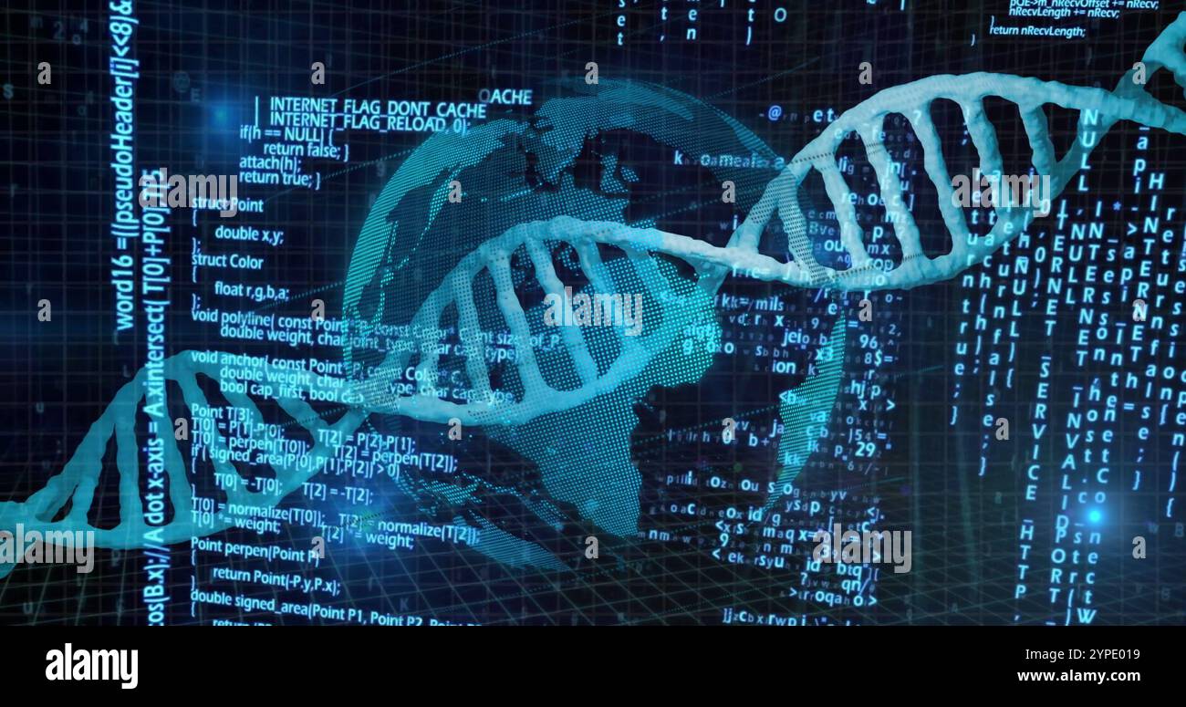 DNA strand and binary coding, scientific data processing image Stock Photo