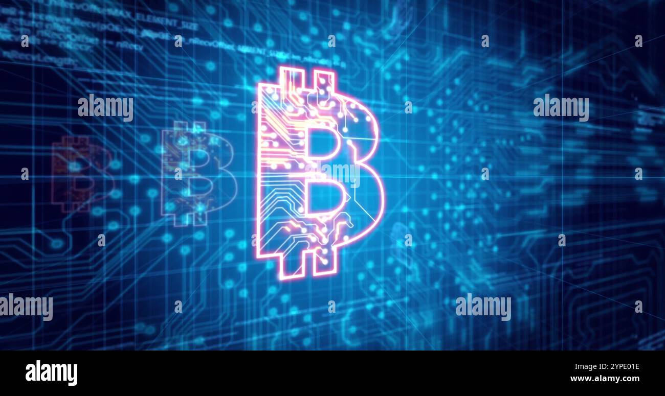 Image of data processing and bitcoin icons over connections Stock Photo