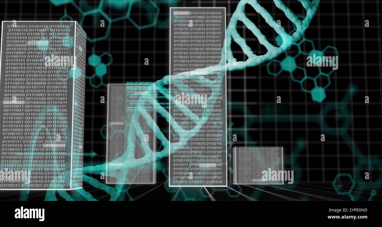 DNA strands and binary coding, scientific data processing image Stock Photo