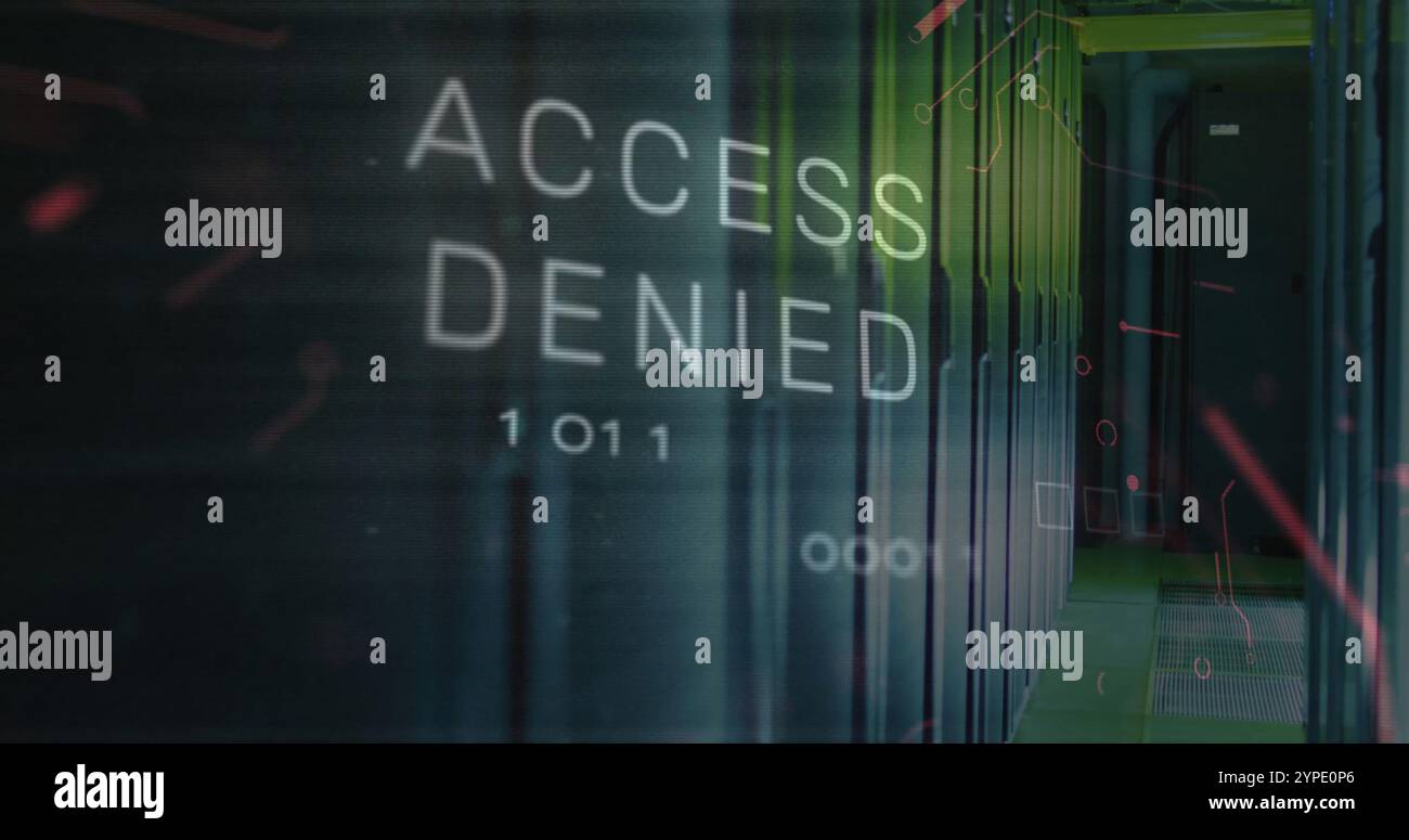 Image of access denied text over data processing and server room Stock Photo