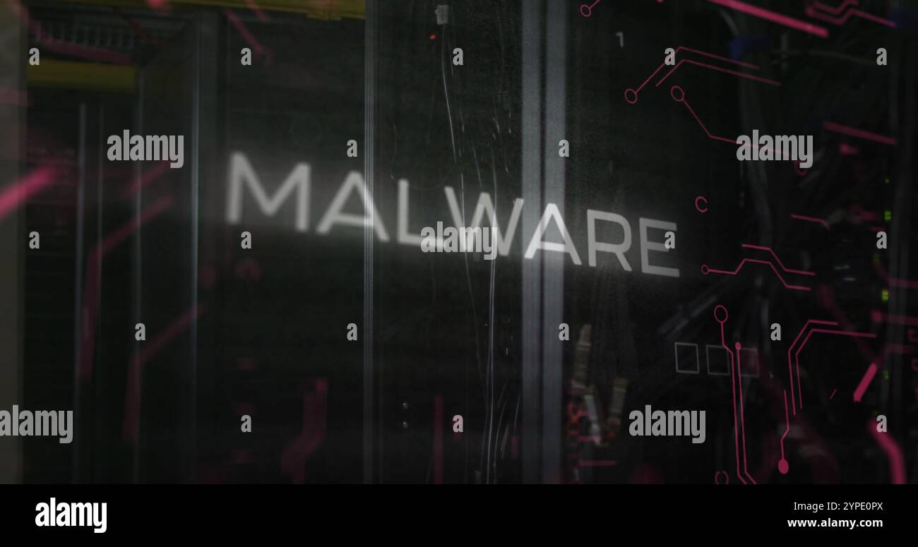 Image of malware text over data processing and server room Stock Photo
