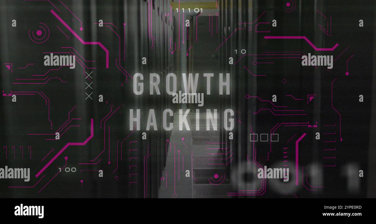 Image of growth hacking text over data processing and server room Stock Photo