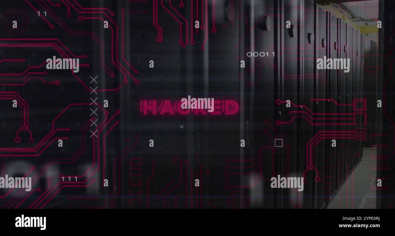 Image of hacked text over data processing and server room Stock Photo