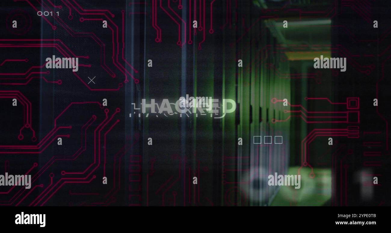 Image of hacked text over data processing and server room Stock Photo