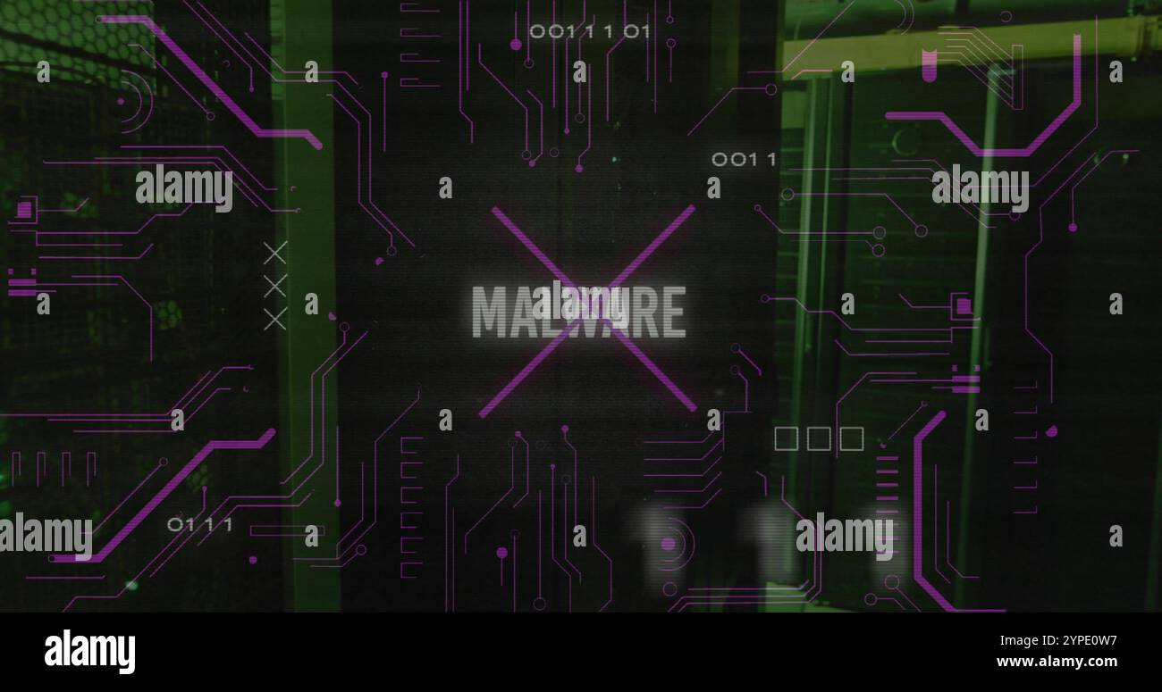 Image of malware text over data processing and server room Stock Photo