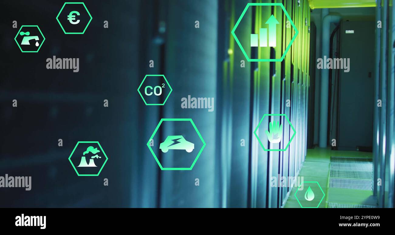 Image of eco icons and digital data processing over computer servers Stock Photo