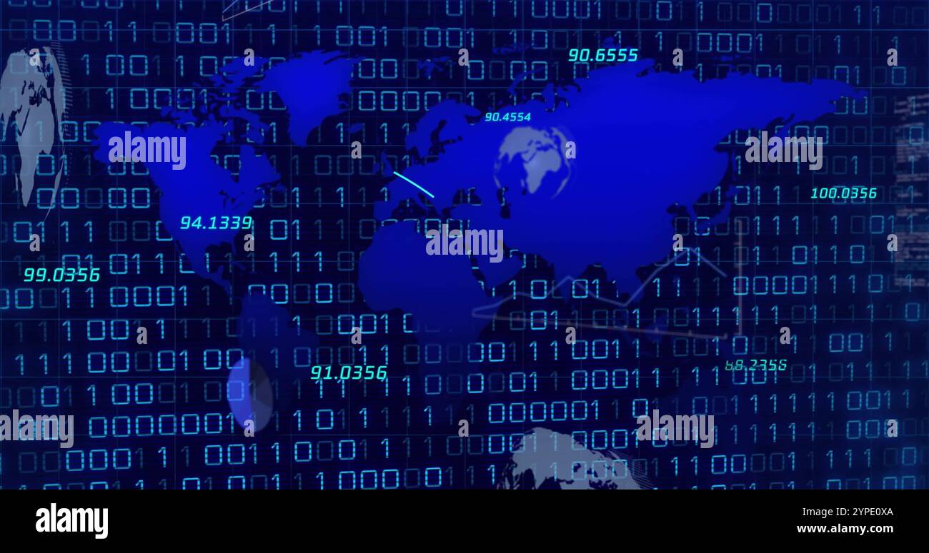 Image of world map over data processing and binary coding on black background Stock Photo