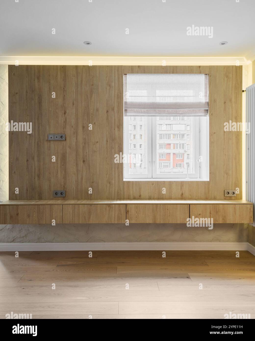 View of Modern minimalist interior design features elegant natural wood accents ...