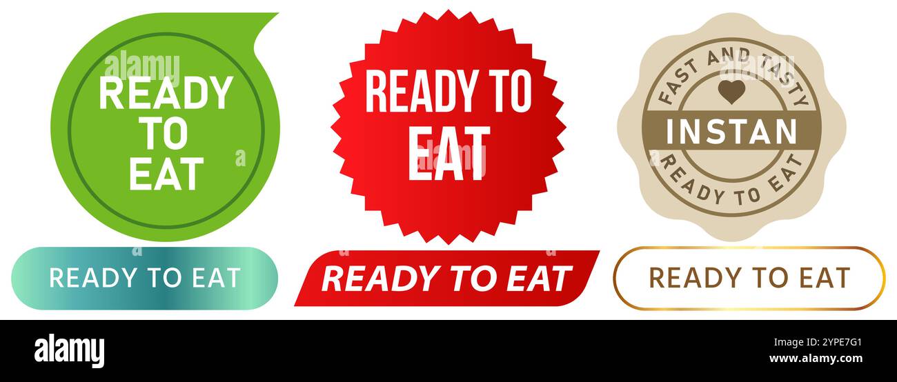Ready to eat instan food dish product consume cooked easy eating cooked meal stamp colorful badges emblem label banner sticker icon set design Stock Vector