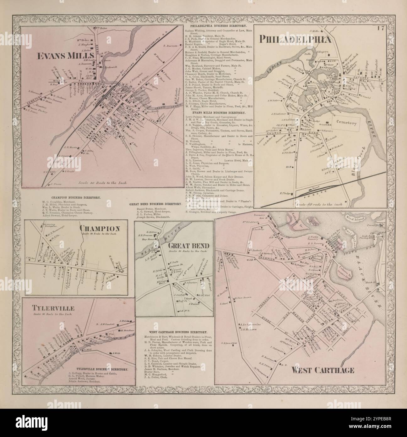 Evans Mills [Village]; Philadelphia Business Directory. ; Evans Business Directory. ; Philadelphia [Village]; Champion Business Directory. ; Great Bend Business Directory. ; Champion [Village]; Great Bend [Village]; West Carthage [Village]; Tylerville [Village]; West Carthage Business Directory. 1864 by Beers, D. G. (Daniel G.) Stock Photo
