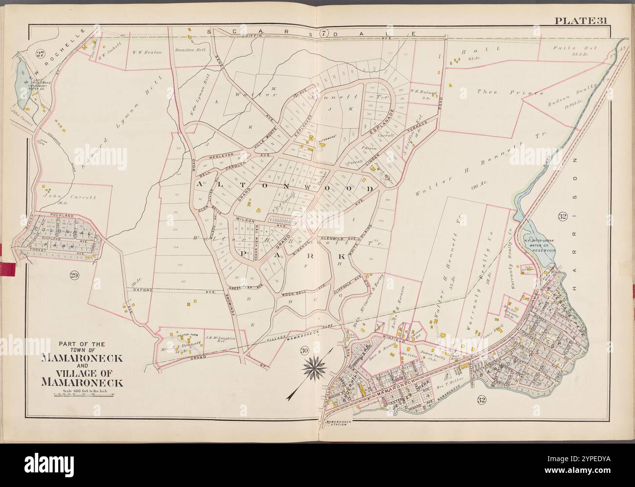 Westchester, V. 1, Double Page Plate No. 31 [Map bounded by Griffin Ave., Harrison, Mamaroneck Ave., Grand St., Weaver St.] 1910 - 1911 Stock Photo