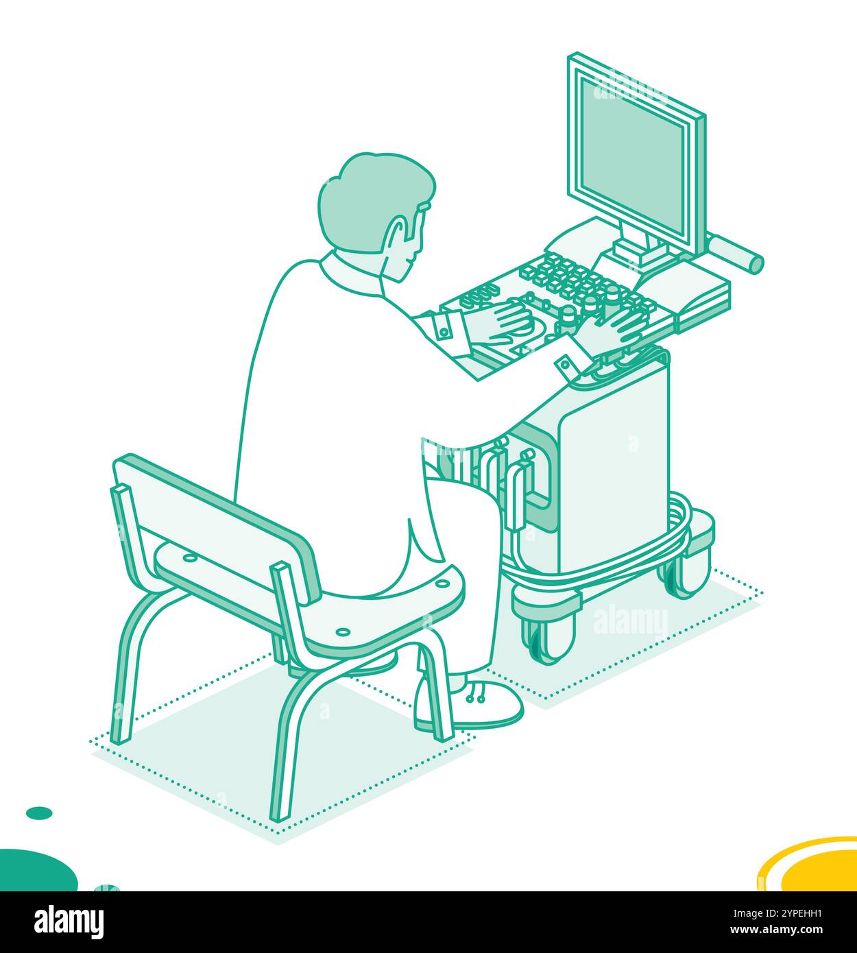 Doctor sits on a chair in front of ultrasound scanner machine. Expert performing ultrasound technology for early detection of illness. Stock Vector