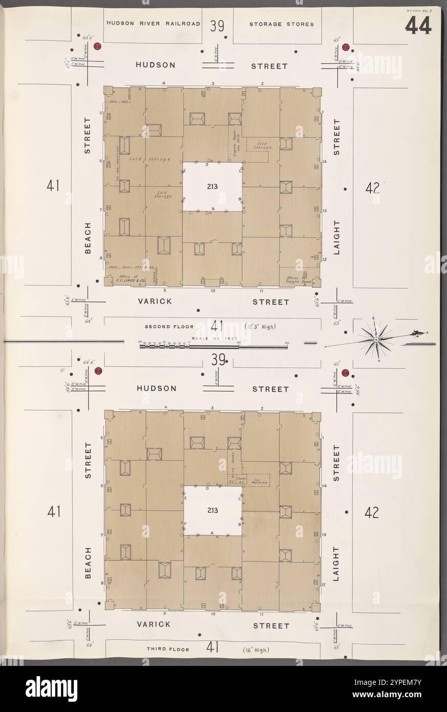 Manhattan, V. 1, Plate No. 44 [Map of Hudson River Railroad storage stores: 2nd & 3rd floor, bounded by Hudson St., Laight St., Varick St., Beach St.] 1884 - 1936 Stock Photo