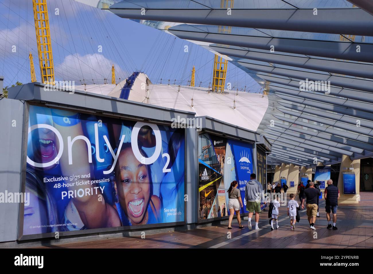 Entrance to O2 arena music venue under Millennium Dome in North Greenwich, Greenwich Peninsula, London, England, UK Stock Photo