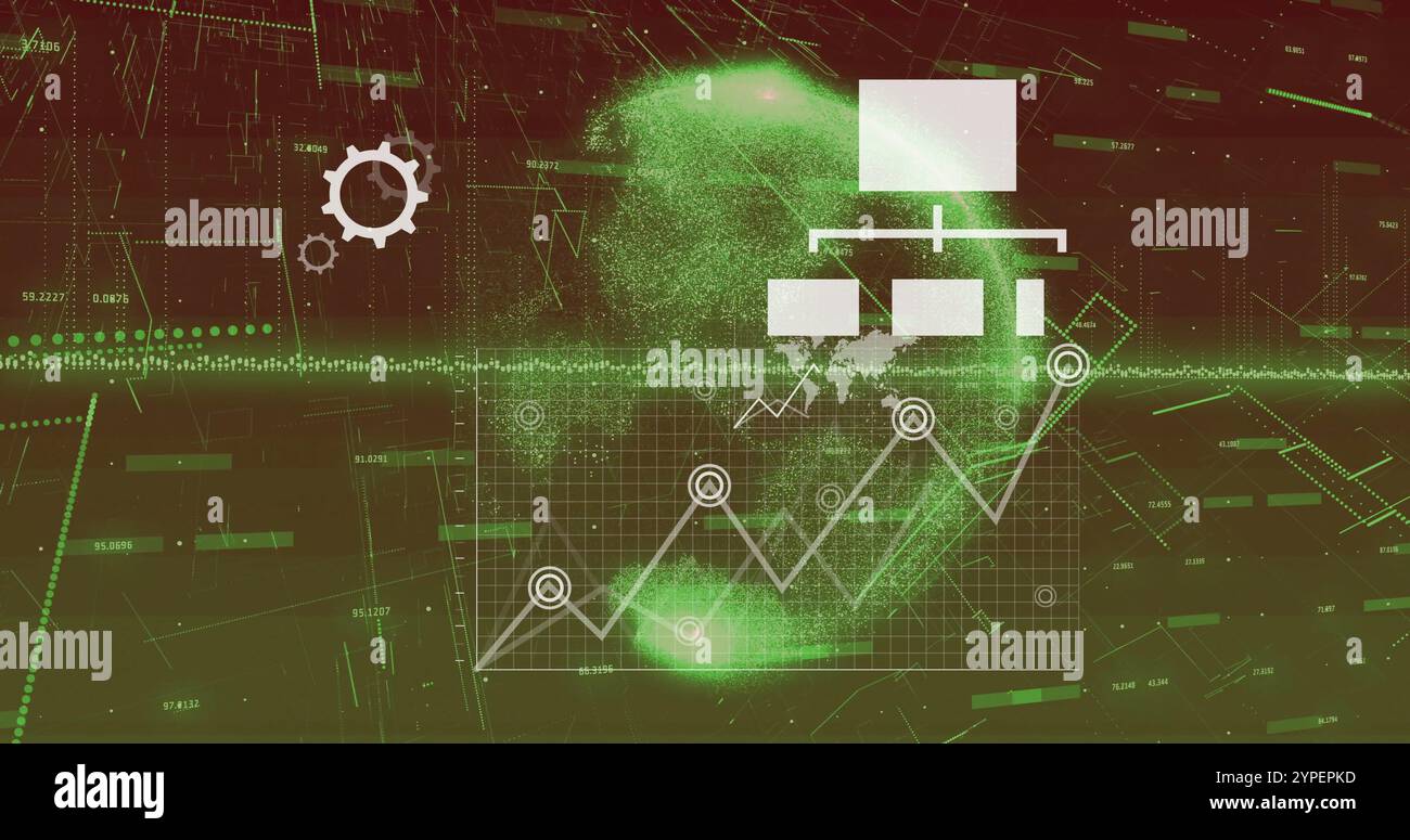 Data analytics and global network image over green digital globe Stock Photo