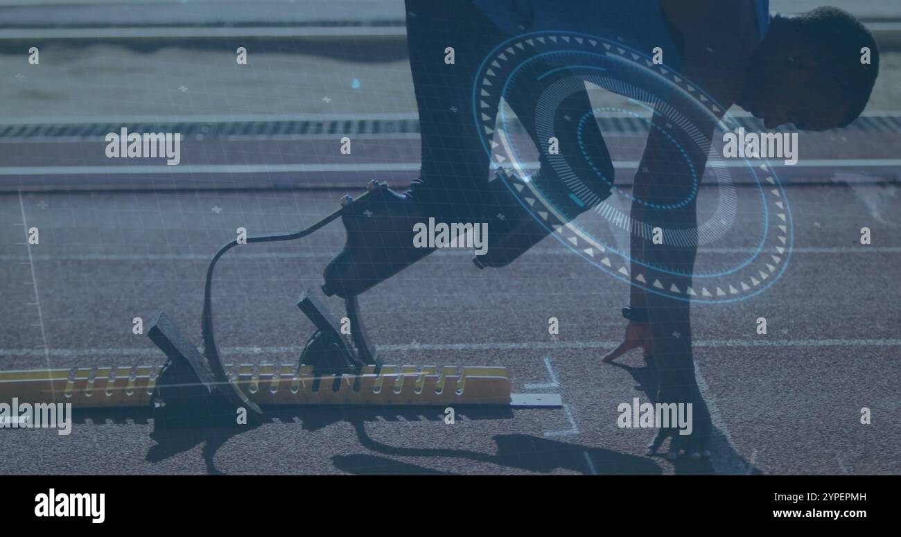 Runner on track with digital data processing image overlaid. Athlete ...