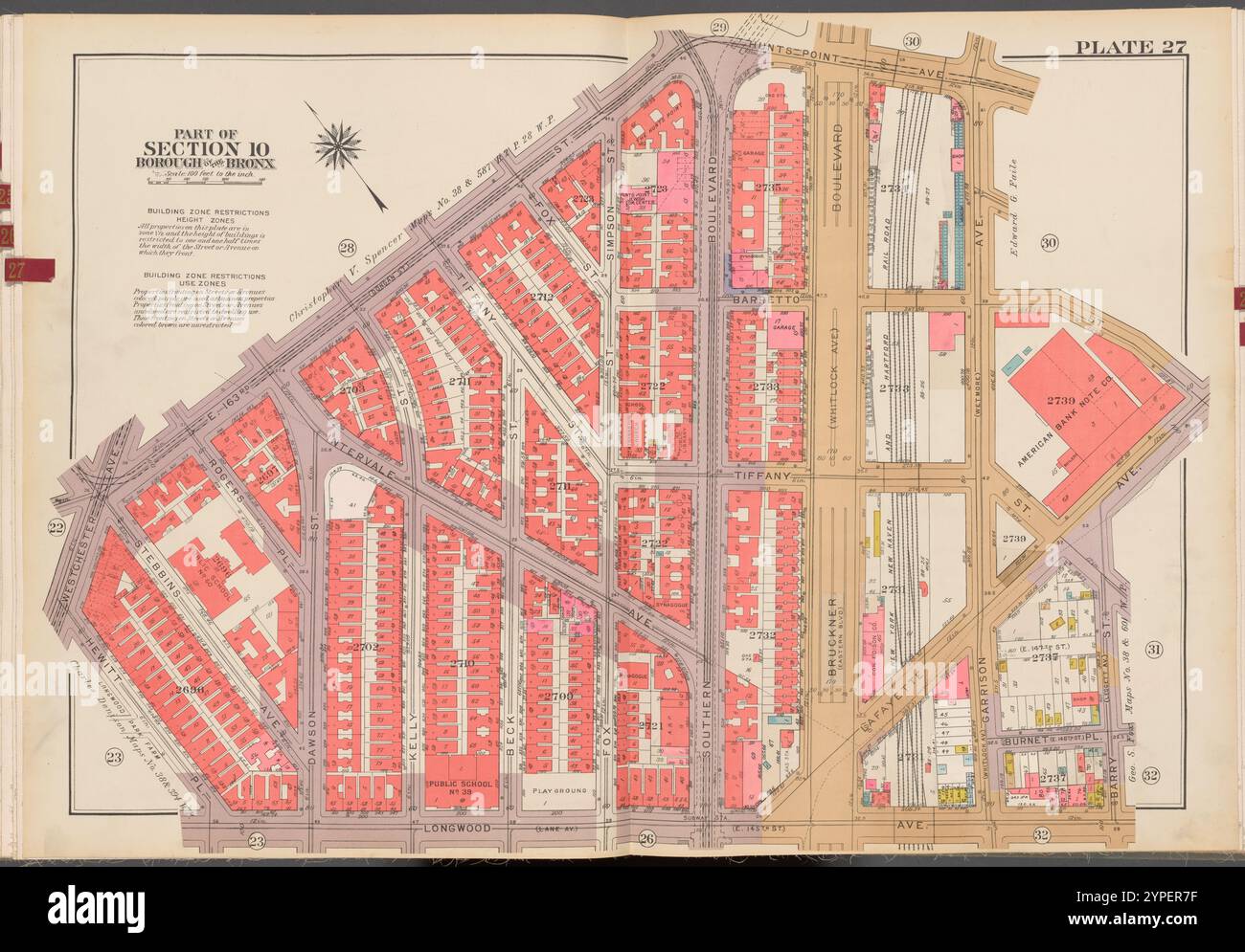 Double Page Plate No. 27, Part of Section 10, Borough of the Bronx: [Bounded by E. 163rd Street, Hunts Point Avenue, Garrison Avenue, Barretto Street, Lafayette Avenue, Barry Street, Longwood Avenue, Hewitt Place and Westchester Avenue] 1942 - 1957 Stock Photo