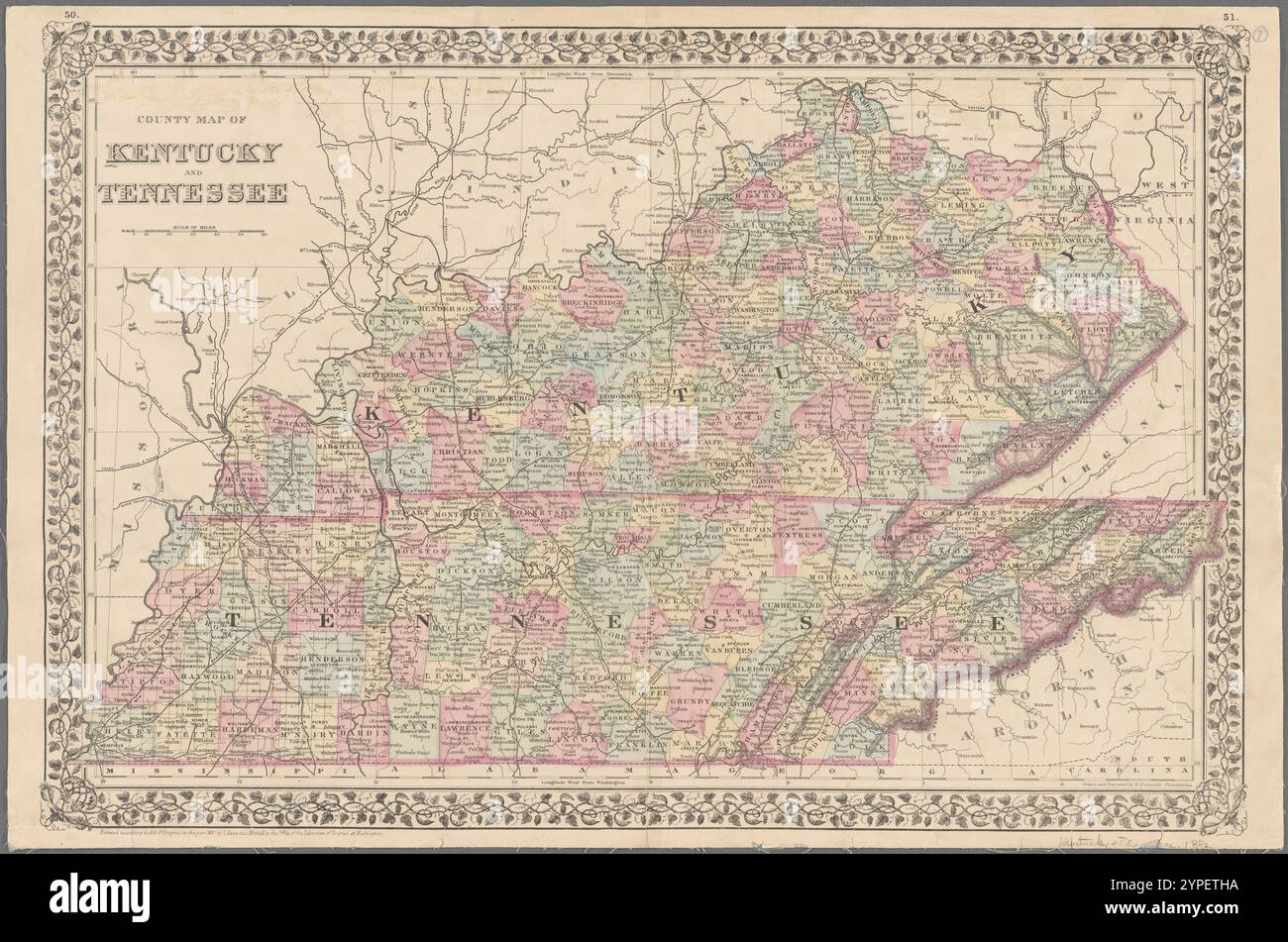 County map of Kentucky and Tennessee 1882 Stock Photo Alamy