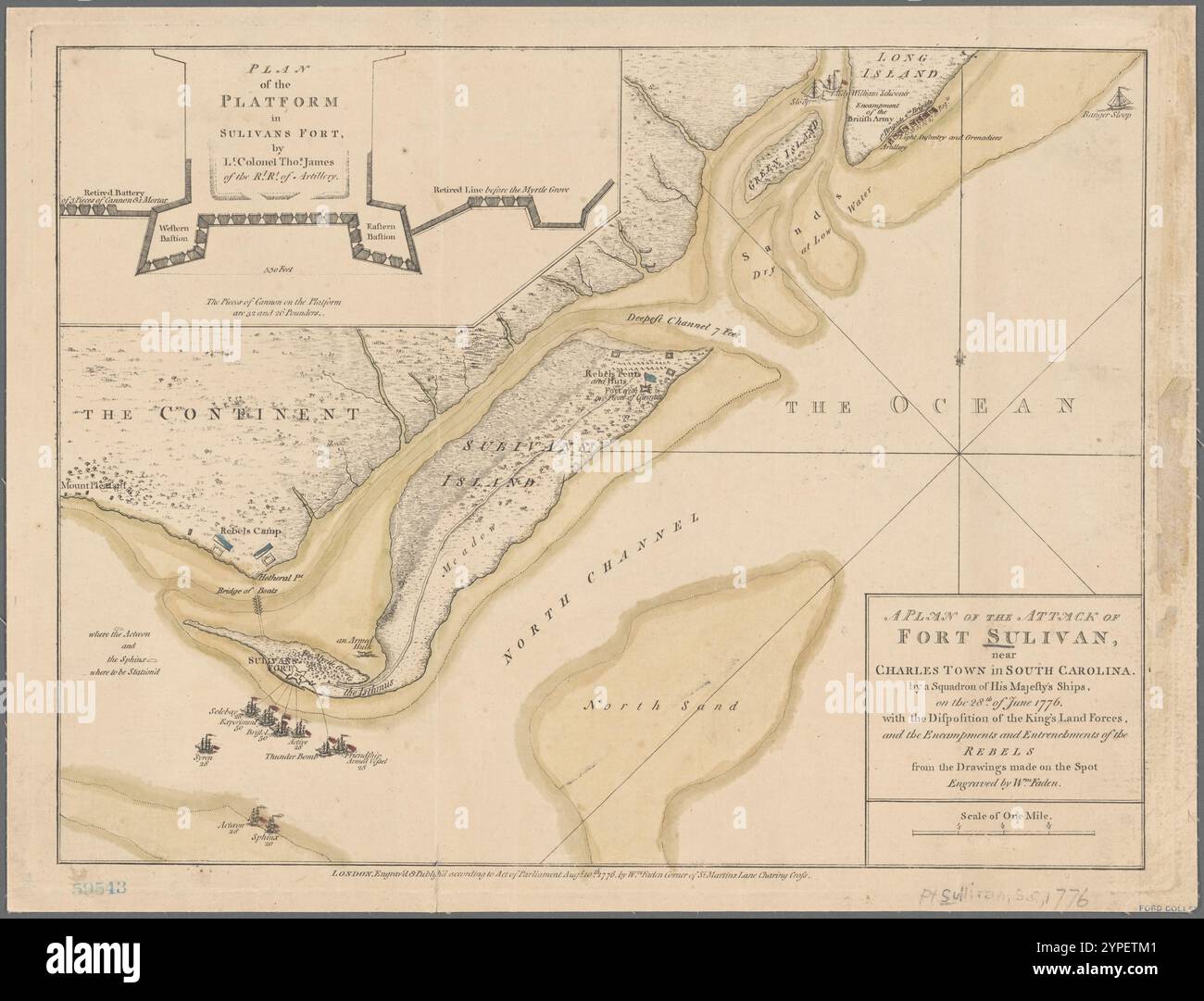 A plan of the attack of Fort Sulivan, near Charles Town in South Carolina : by a squadron of His Majesty's ships, on the 28th of June 1776, with the disposition of the King's land forces, and the encampments and entrenchments of the rebels : from the drawings made on the spot  1776-08-10 by Faden, William, 1749-1836 Stock Photo