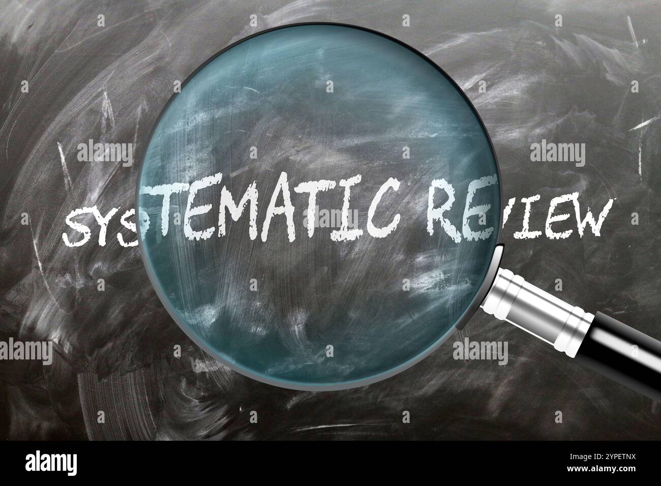 Systematic Review - learn, study and inspect it. Taking a closer look at systematic review. A magnifying glass enlarging word 'systematic review' writ Stock Photo