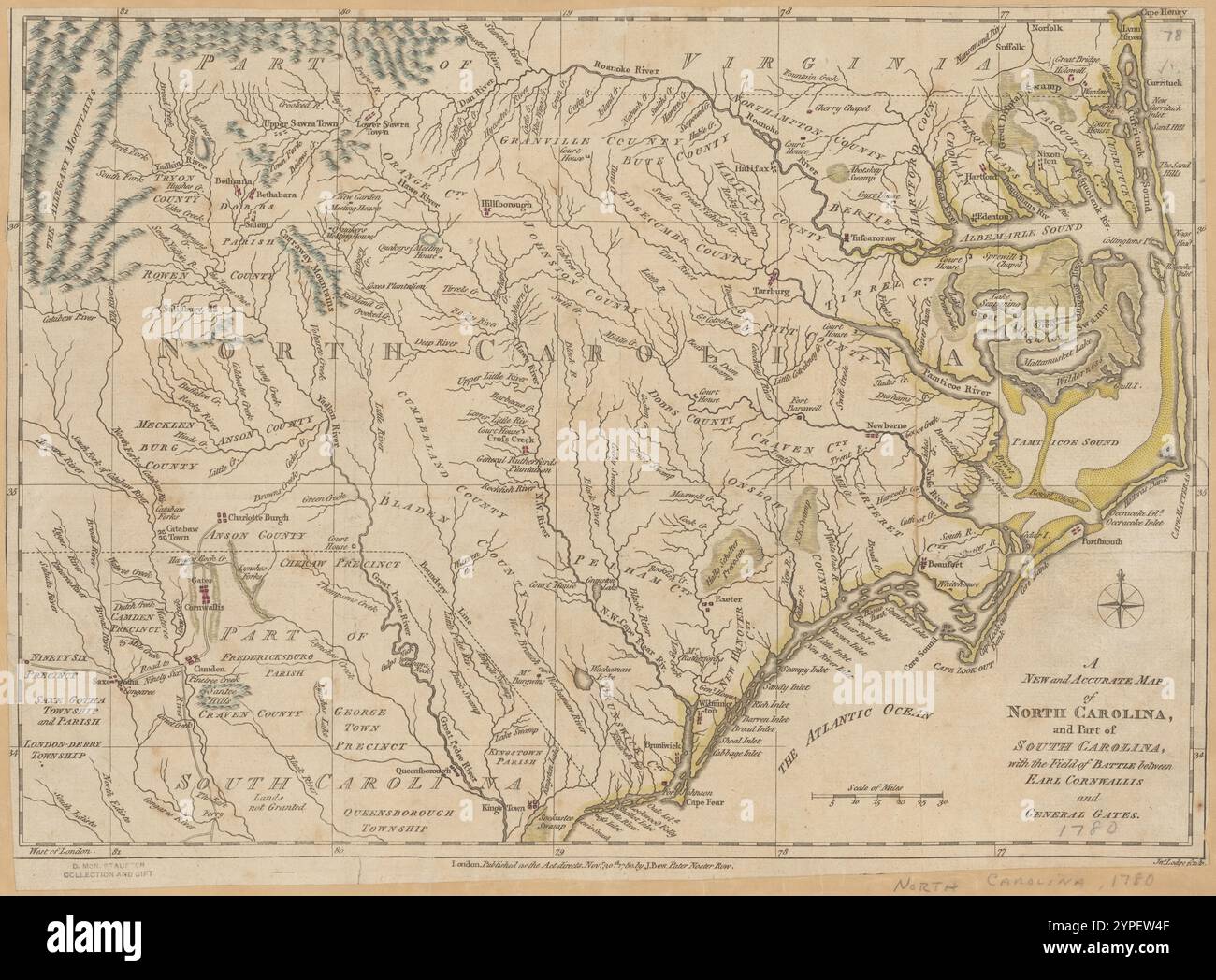 A new and accurate map of North Carolina and part of South Carolina : with the field of battle between Earl Cornwallis and General Gates  1780 by Lodge, John, -1796 Stock Photo