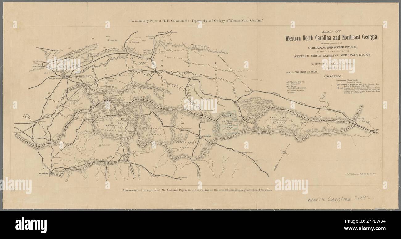 Map of Western North Carolina and Northeast Georgia : showing positions of geological and water divides, and peculiar topography of the Western North Carolina mountain region  1887 - 1895 by Colton, Henry E. Stock Photo