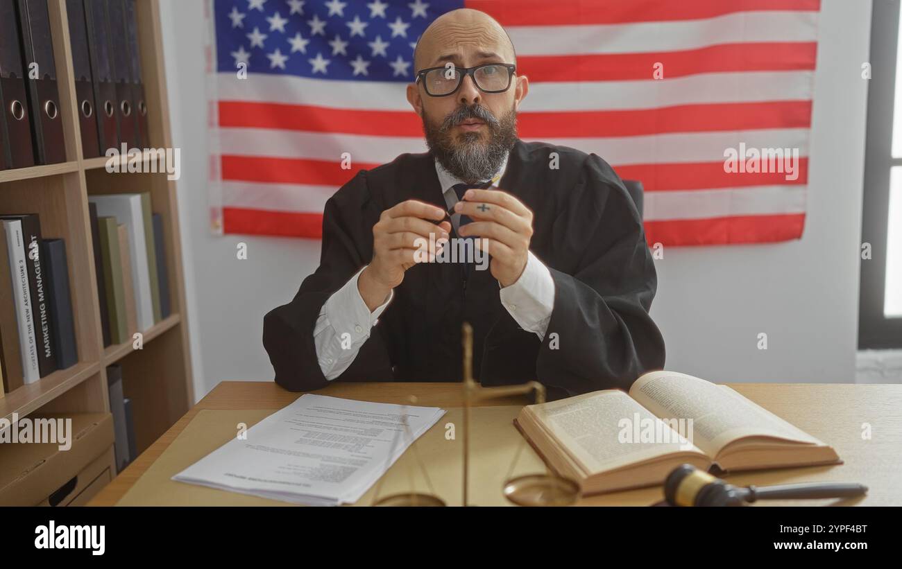 Hispanic man in a judge's robe holds a cross necklace in an american ...