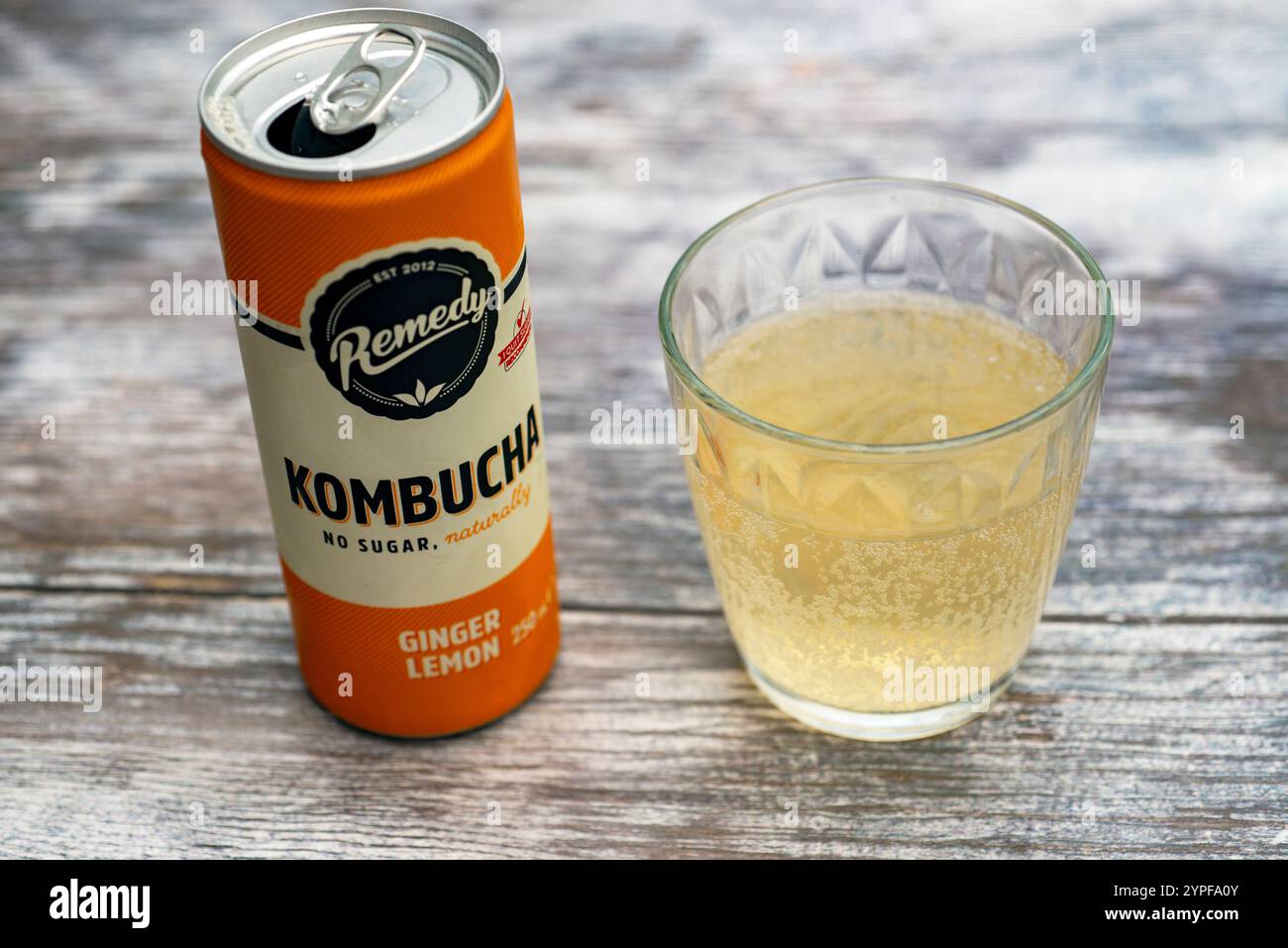 Kombucha sugar free ginger and lemon carbonated drink Stock Photo