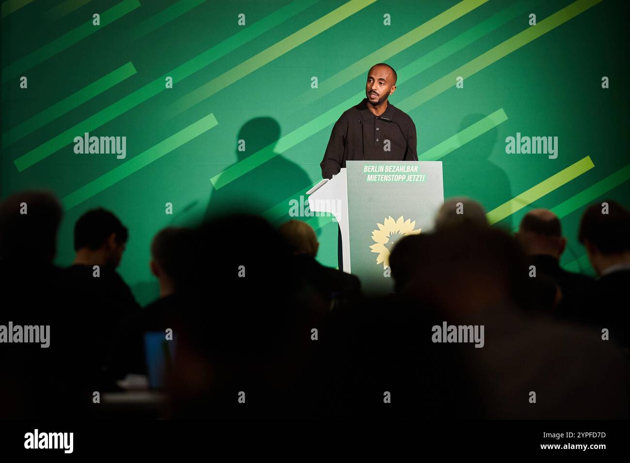 Berlin, Germany. 30th Nov, 2024. Philmon Ghirmai, state chairman of the Berlin Greens, speaks at the state delegates' conference on the main motion with the topic of housing shortage at the Mercure Hotel MOA. The party is preparing for the upcoming federal and state elections. Credit: Annette Riedl/dpa/Alamy Live News Stock Photo