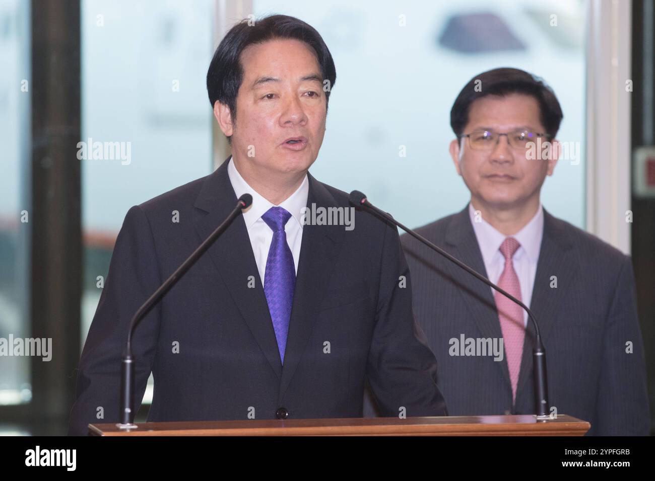 Tiwanese President Lai Ching-te speaks as he departs for a visit to ...