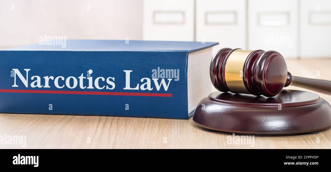 A law book with a gavel  - Narcotics Law Stock Photo