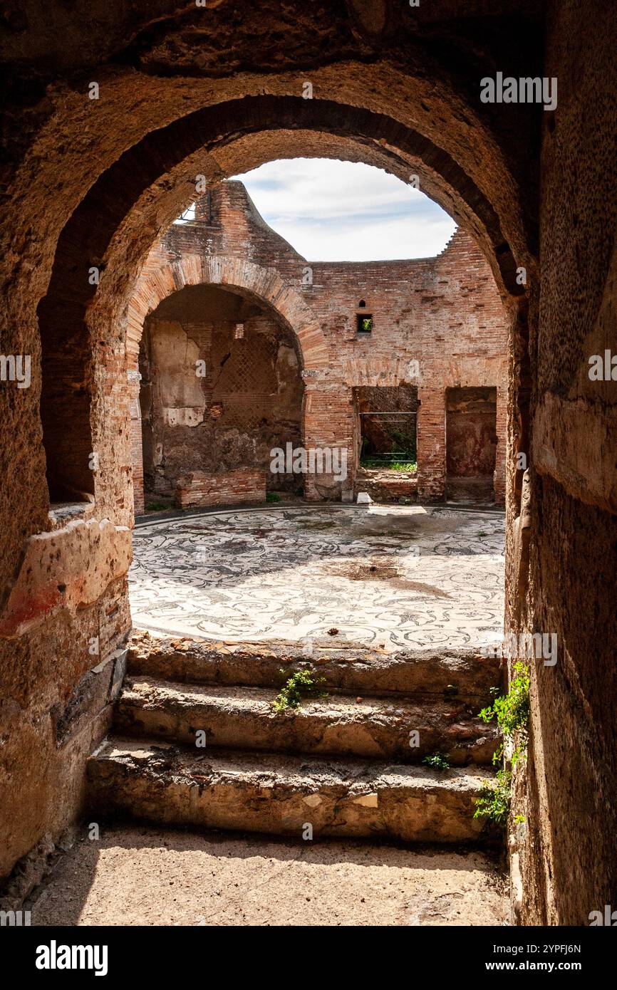 A circular black-and-white mosaic floor at the Baths of the Seven Wise Men, in Ostia Antica, depicting vegetative elements and hunting scenes. The mos Stock Photo