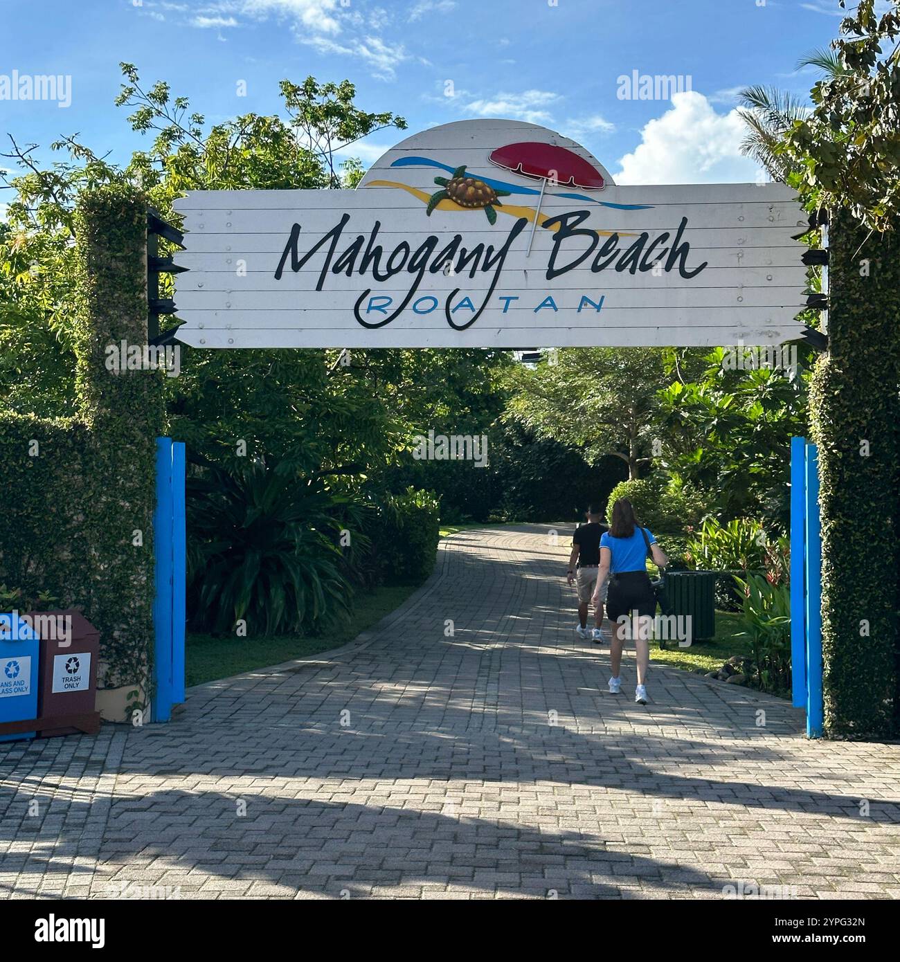 Sign, Mahogany Beach, Mahogany Bay, Roatan, Bay Islands, Honduras, Central America - Smartphone Captured Stock Image