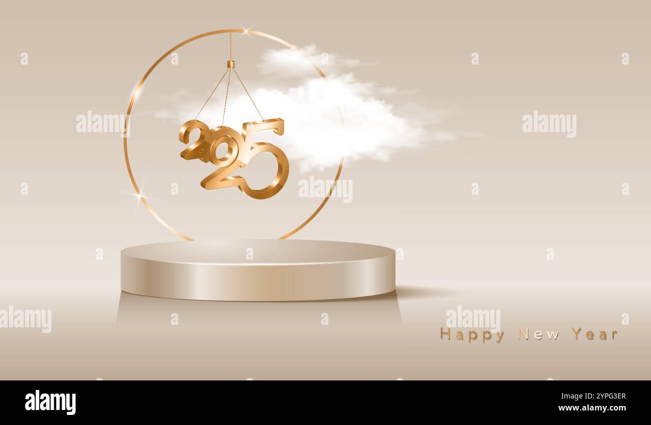 Happy New Year 2025, hanging gold 3D numbers and platform studio display minimal scene, golden round frame and fluffy cloud. Vector Holiday Fashion Stock Vector