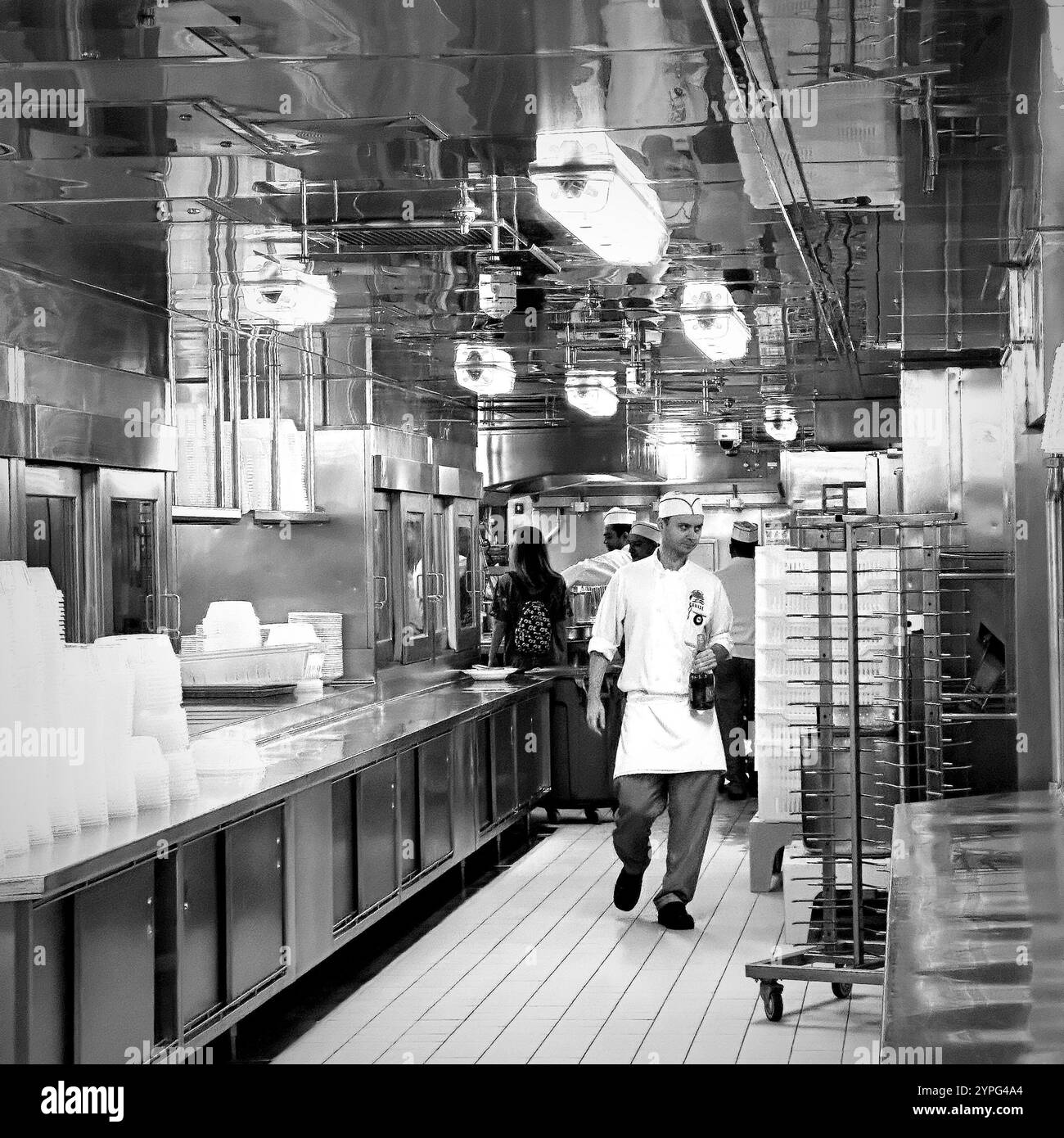 Black and white image of the galley on The Regal Princess cruise ship - Smartphone Captured Stock Image