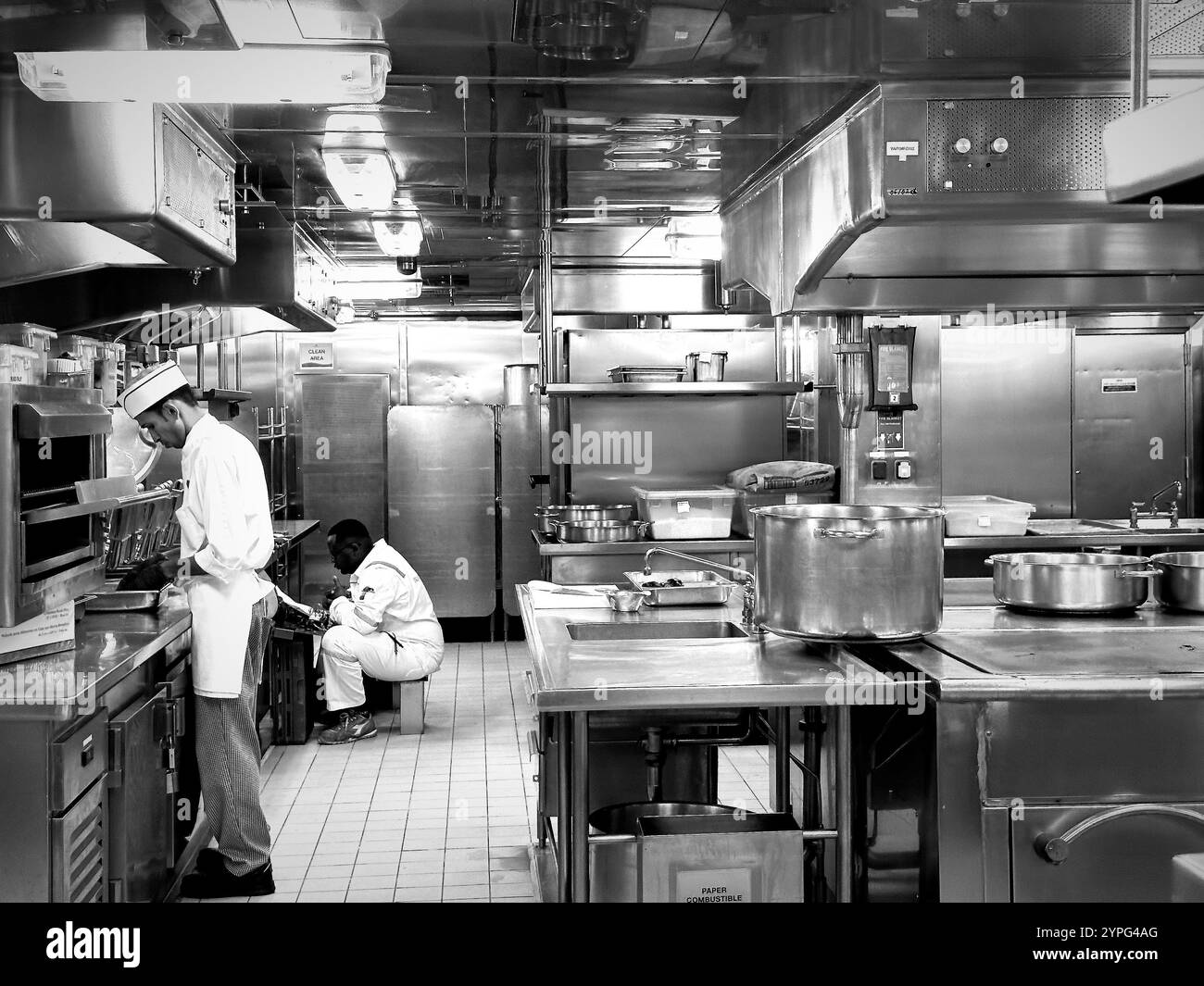 Black and white image of the galley on The Regal Princess cruise ship - Smartphone Captured Stock Image