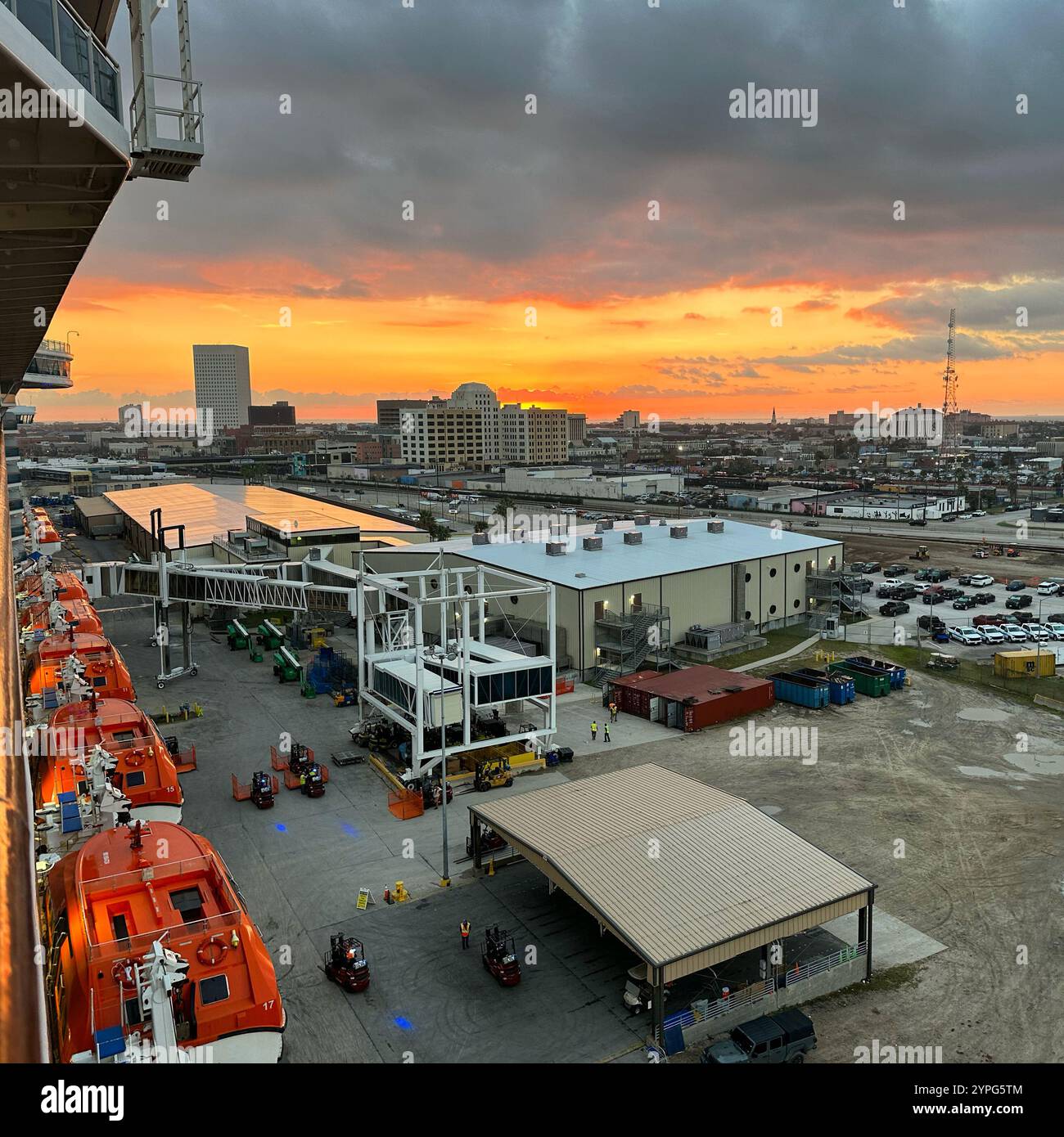 Sunrise seen from a cruise ship following a Western Caribbean cruise, returning to port in Galveston, Texas, United States - Smartphone Captured Stock Image