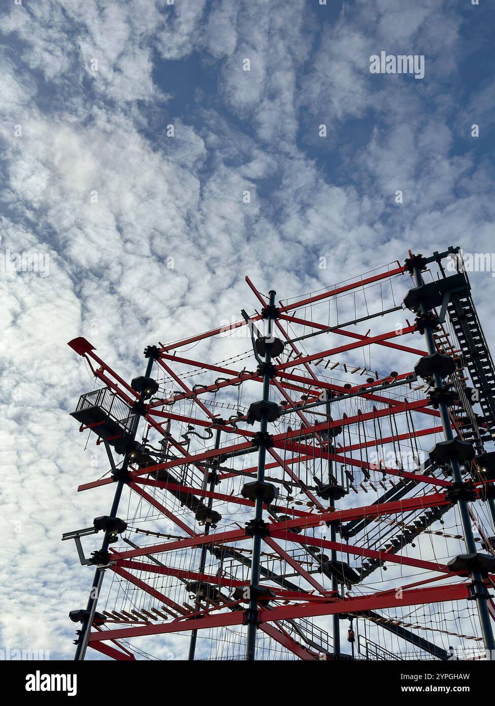 Birmingham, England, UK - 16 March 2024: Tall climbing frame and walkways at the Bear Grylls adventure complex at the NEC National Exhibition Centre - Smartphone Captured Stock Image