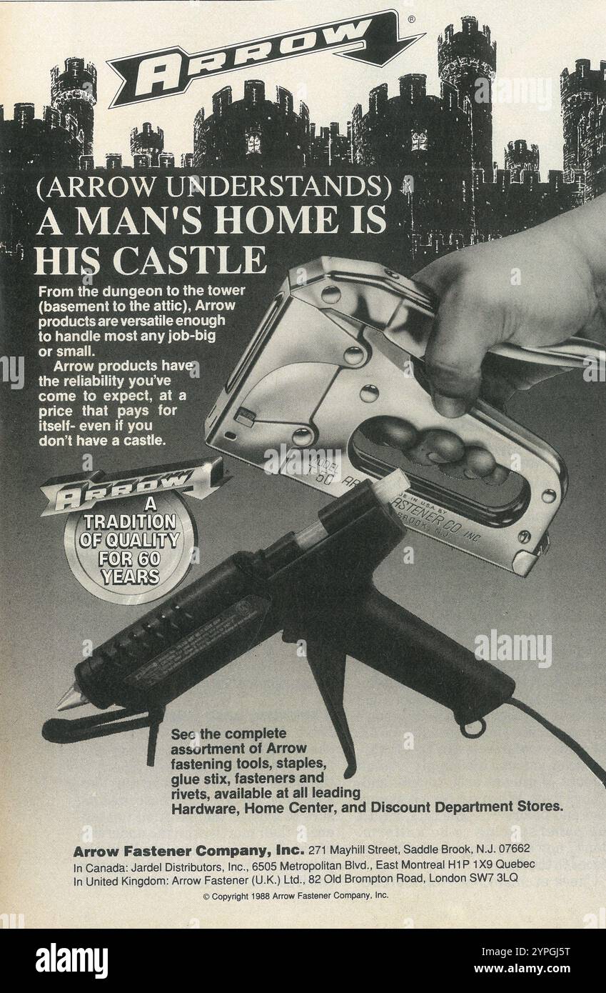 1989 Arrow Fastener Company ad - fasteners, tools, staples, glue stix, rivets Stock Photo