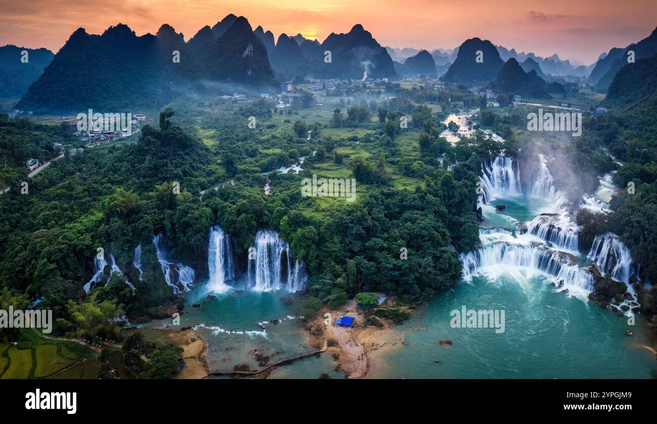 Panorama Aerial View Of Sunset Over Mountain Range With Ban Gioc 