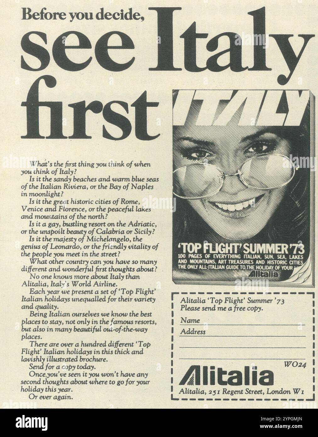 1972 Alitalia airline ad -  UK Italy travel promo - "See Italy first" Stock Photo