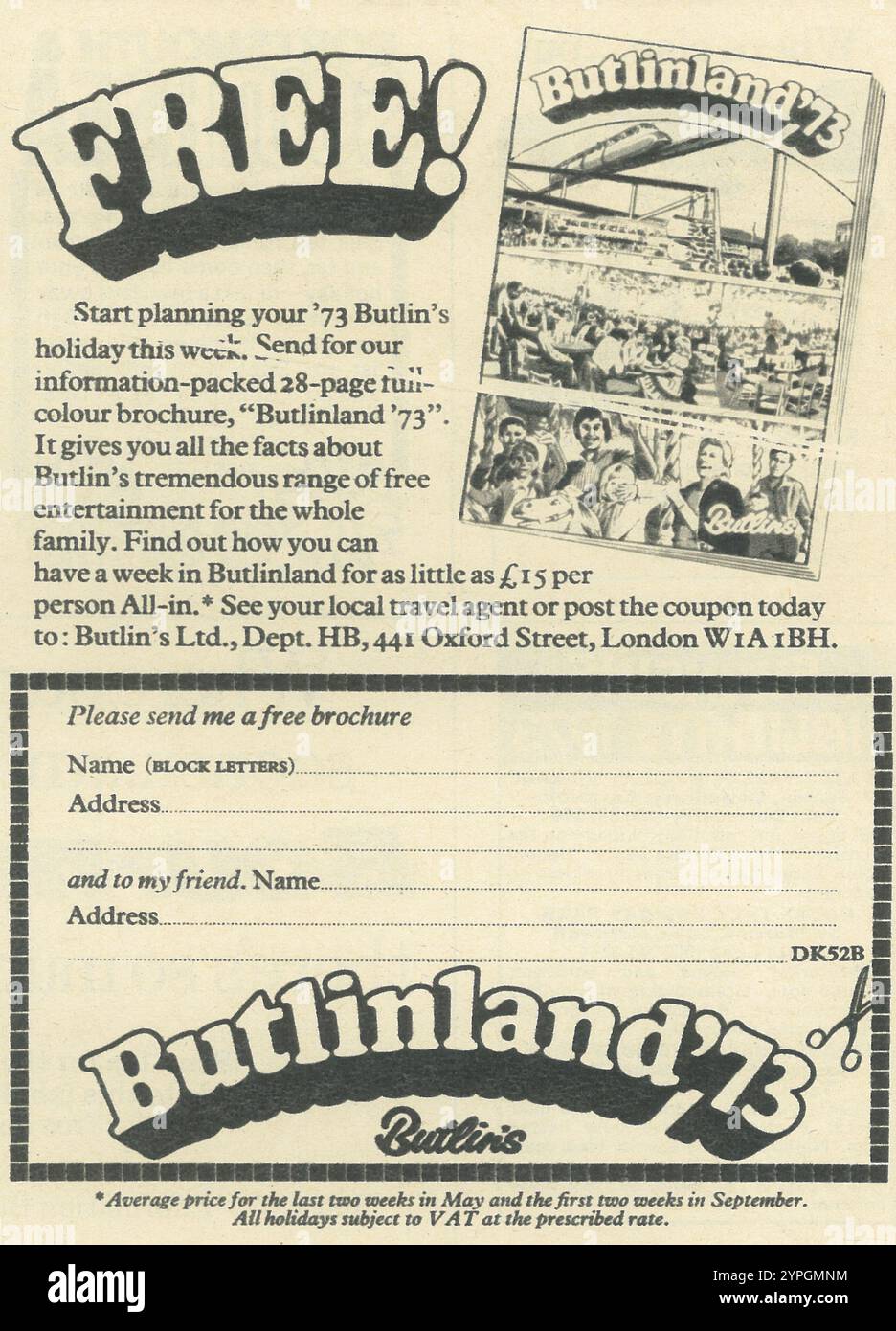 1972 '73 Butlin's holiday Butinland promo Stock Photo