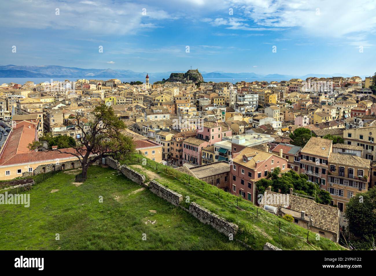 View from the New Fortress over historic Corfu Old Town, also known as Kerkyra, Corfu, Greece Stock Photo