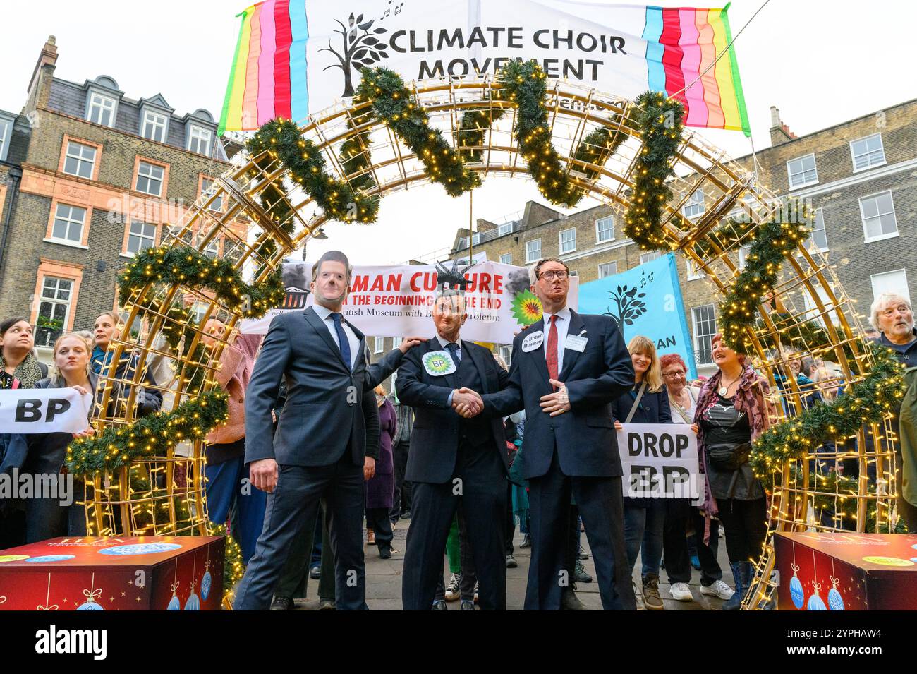 London, UK. 30 November 2024. Climate activists from the Climate Choir Movement stage a protest inside the British Museum against PB sponsorship deal with the museum. Credit: Andrea Domeniconi/Alamy Live News Stock Photo