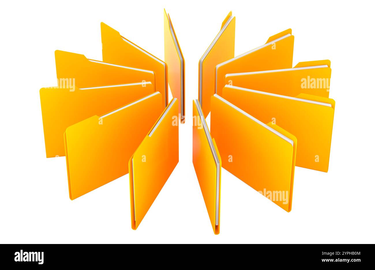Yellow computer folders in circle, 3D rendering isolated on white background Stock Photo