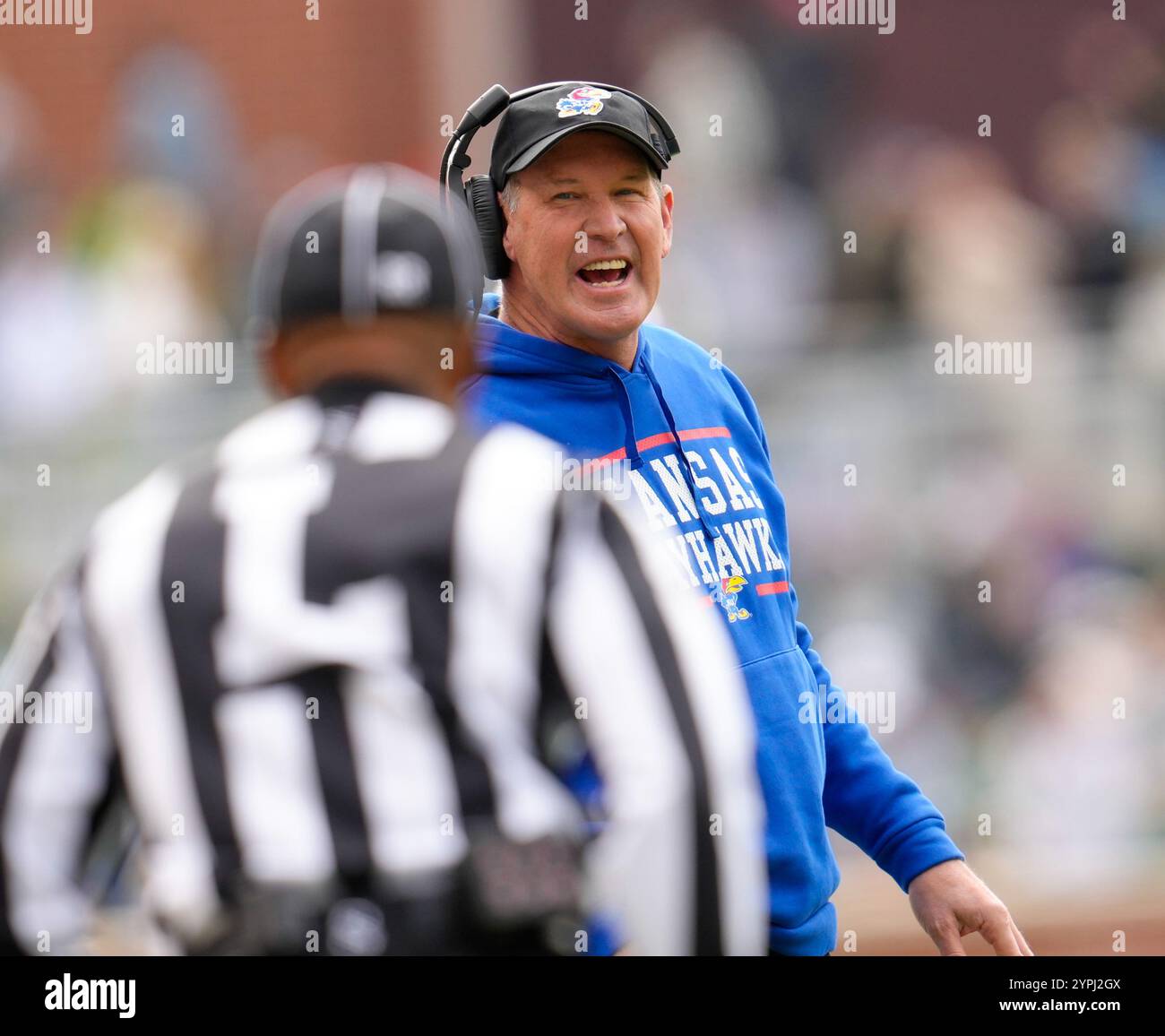 Waco, Texas, USA. 30th Nov, 2024. Kansas head coach Lance Leipold talks with line judge Quentin Givens during a college football game between the Baylor Bears and the Kansas Jayhawks on November 30, 2024 in Waco, Texas. Baylor won, 45-17. (Credit Image: © Scott Coleman/ZUMA Press Wire) EDITORIAL USAGE ONLY! Not for Commercial USAGE! Credit: ZUMA Press, Inc./Alamy Live News Stock Photo