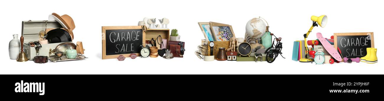 Garage sale. Different stuff isolated on white, set Stock Photo